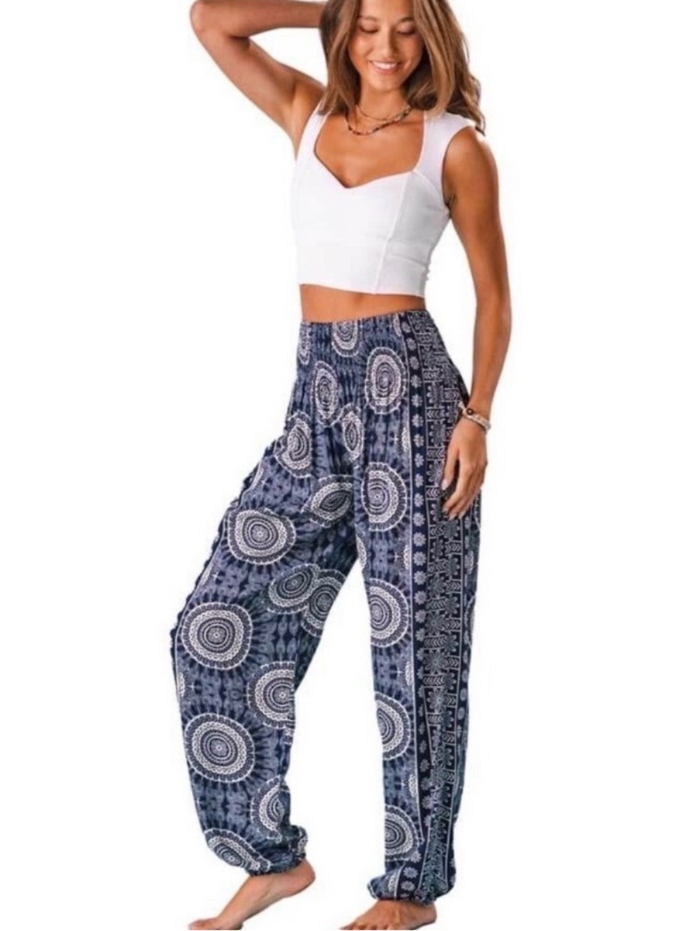 Lotus and Luna Women's Harem
Pants Thai Pants Beach Lounging Blue White Small